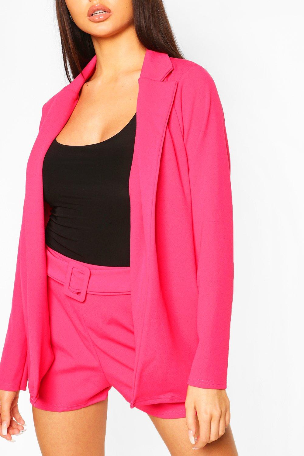 boohoo Women's Blazer And Self Fabric Belt Short Suit Set|Size: 8|hot pink